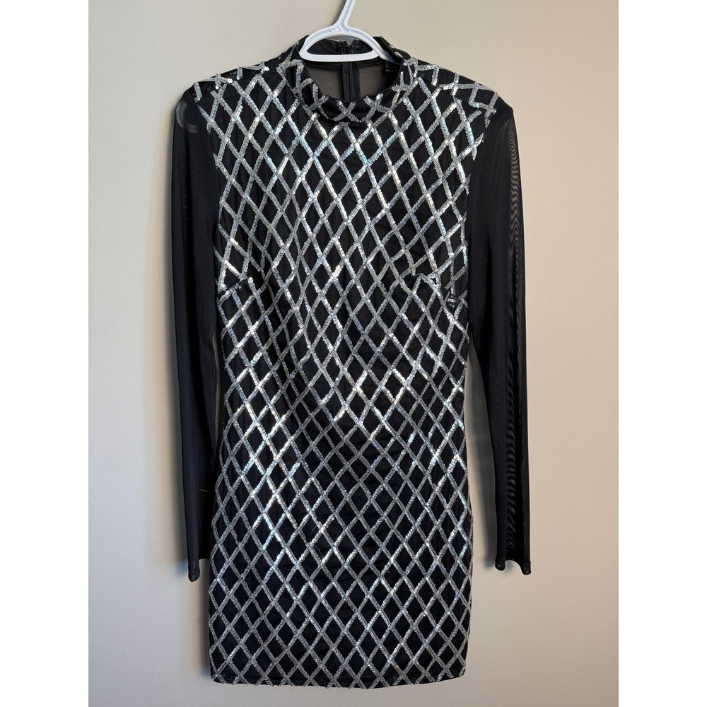 Forever 21 Womens Black Silver Sequin Mesh Mini Dress L Party Club Glam Sparkle